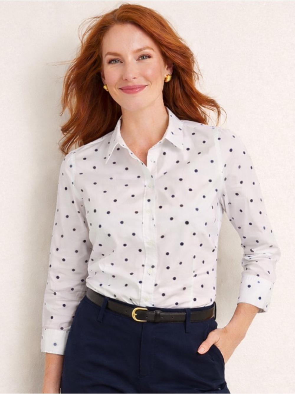 Talbots White-Navy Polka Dot Non Iron Shirt Size 14